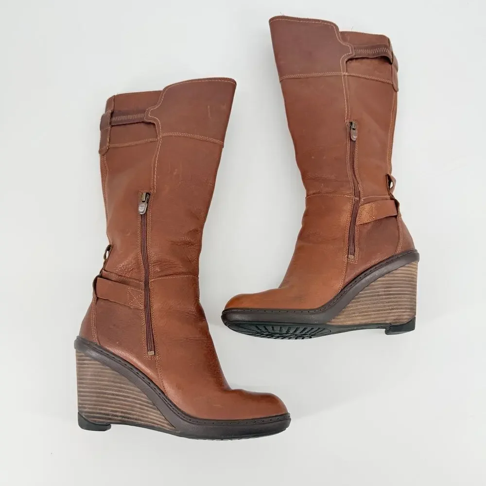 Timberland Stratham Heights Womens Brown Leather Wedge Tall Knee Boots 9 Lined